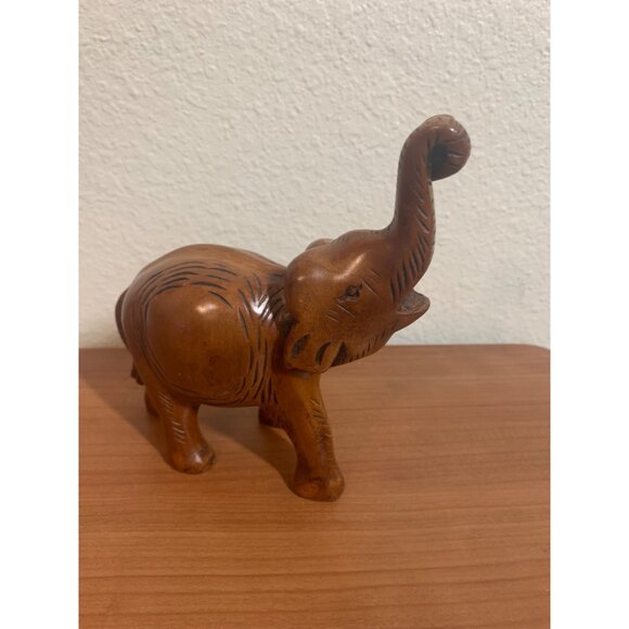 Vintage Wood Carved Elephant Figurine Trunk Up Brown - Picture 2 of 7